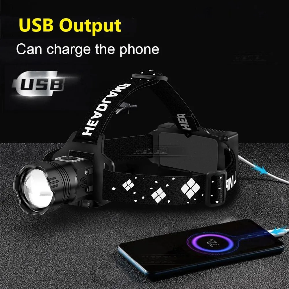 1000000 Lumens Ultra Powerful Headlight Rechargeable Outdoor Torch Flashlight