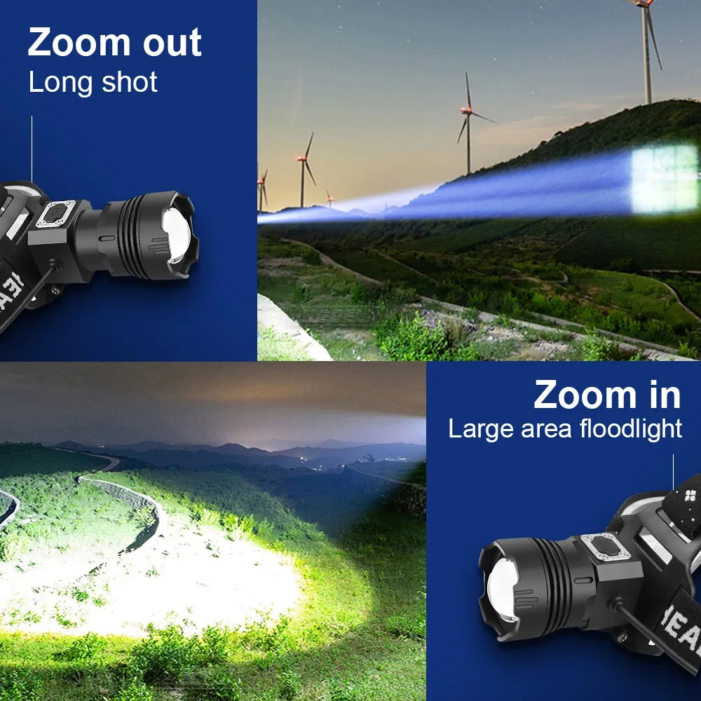 1000000 Lumens Ultra Powerful Headlight Rechargeable Outdoor Torch Flashlight