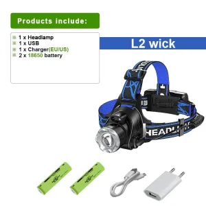 1000000 Lumens Ultra Powerful Headlight Rechargeable Outdoor Torch Flashlight