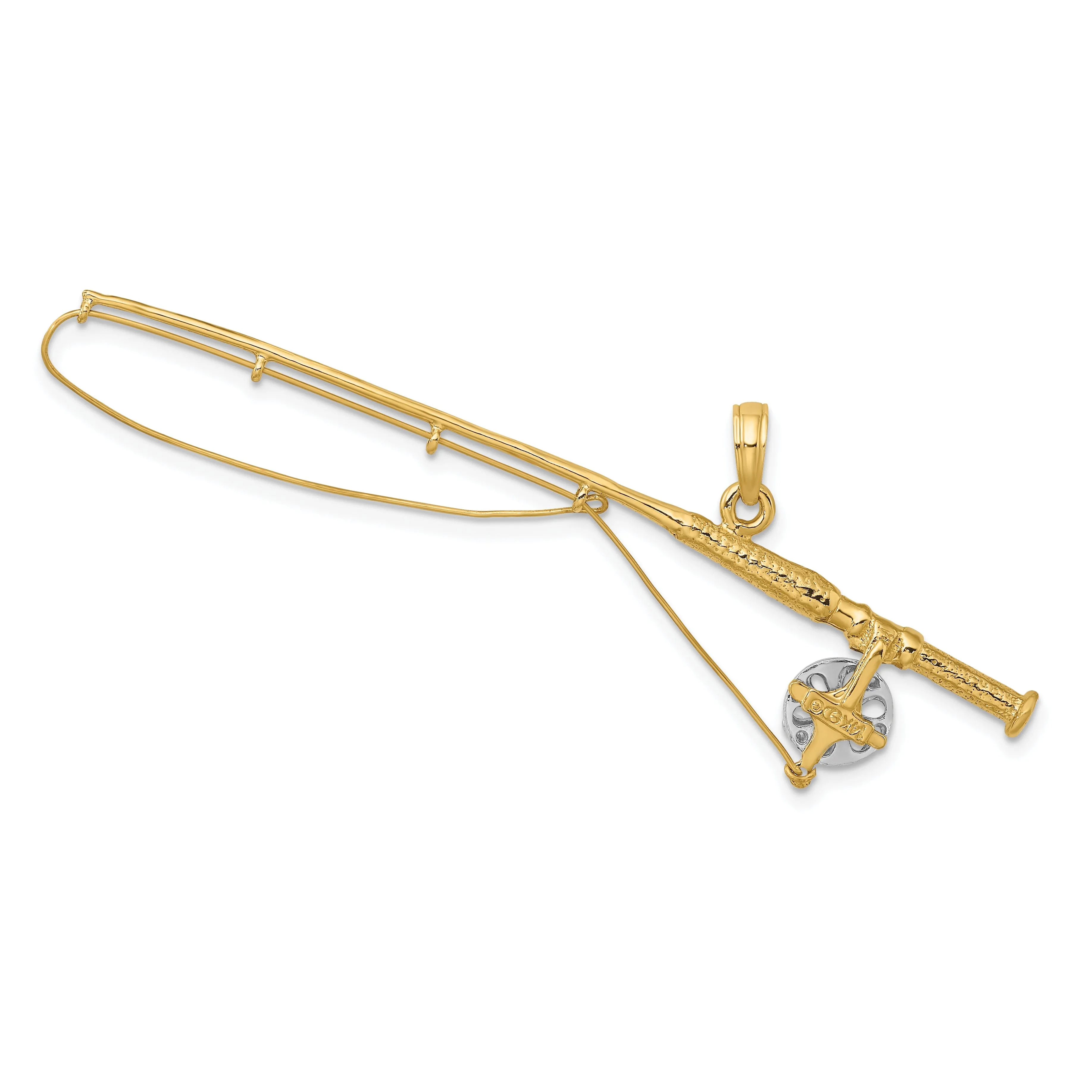 14K Yellow Gold With Rhodium Polished Finish 3-Dimensional Fly Rod Fishing Pole With Reel Charm Pendant