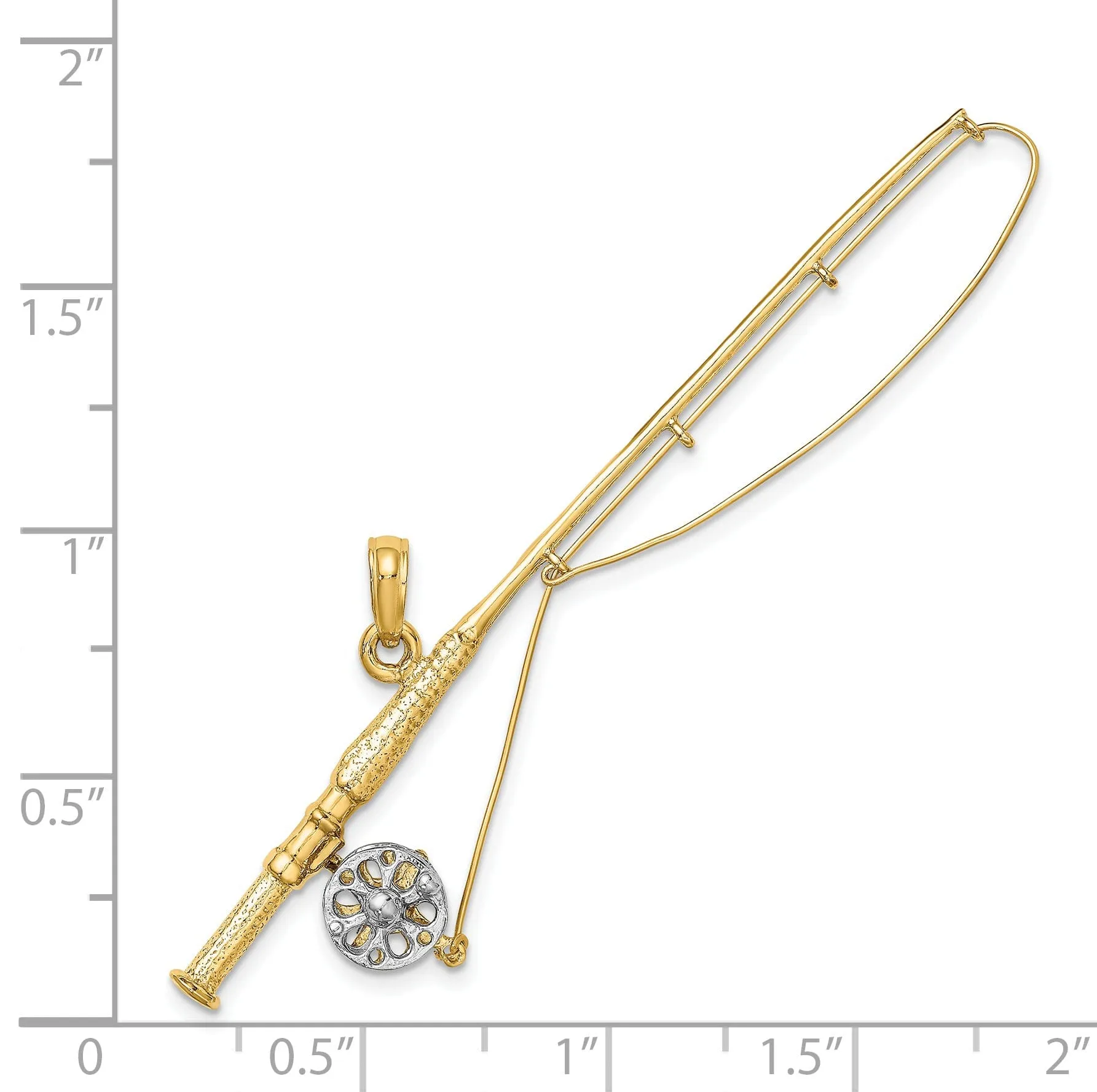 14K Yellow Gold With Rhodium Polished Finish 3-Dimensional Fly Rod Fishing Pole With Reel Charm Pendant