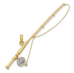 14K Yellow Gold With Rhodium Polished Finish 3-Dimensional Fly Rod Fishing Pole With Reel Charm Pendant