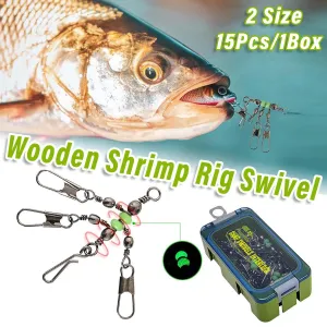 15pcs Wooden Shrimp Fishing Hooks Three Pronged Swivel Tackle Accessories Set