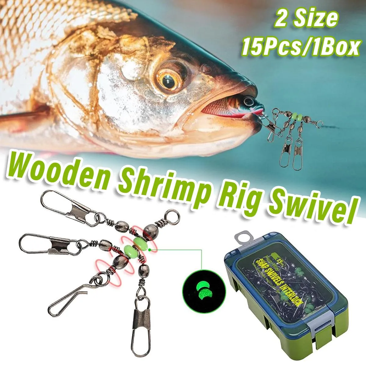 15pcs Wooden Shrimp Fishing Hooks Three Pronged Swivel Tackle Accessories Set