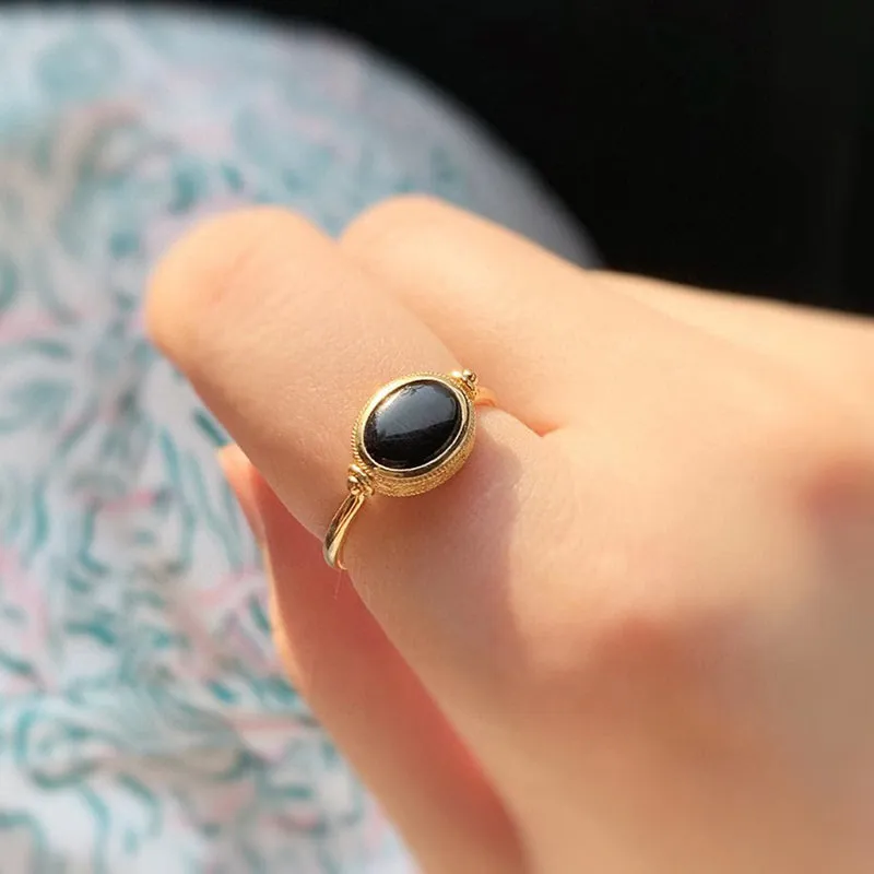 18K Gold Oval Shape 0.60ct Natural Opal & Black Agate Flip Ring