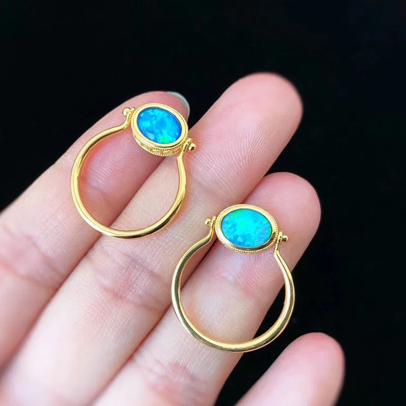18K Gold Oval Shape 0.60ct Natural Opal & Black Agate Flip Ring