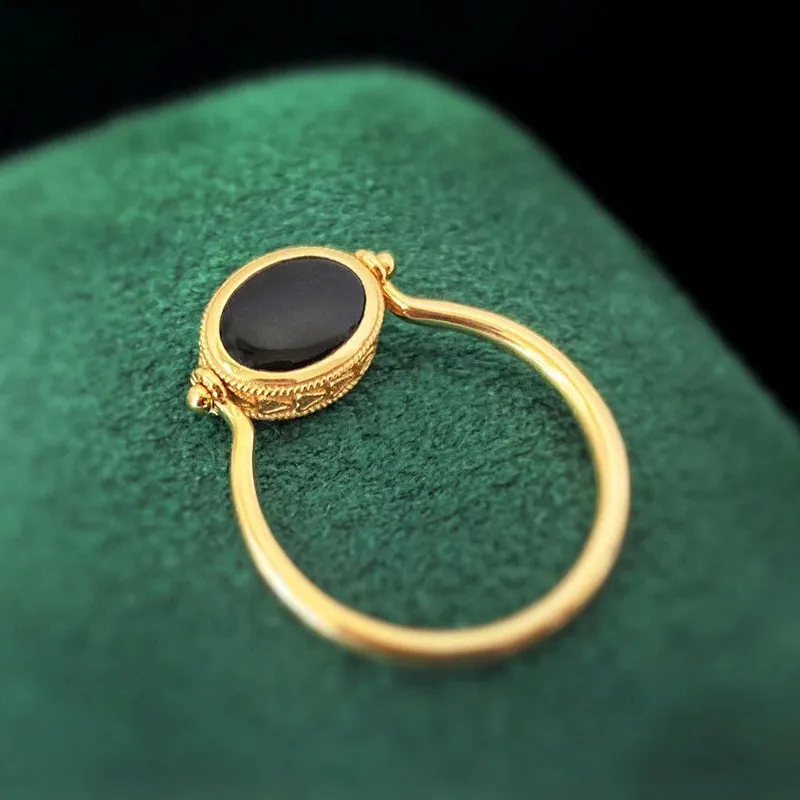 18K Gold Oval Shape 0.60ct Natural Opal & Black Agate Flip Ring