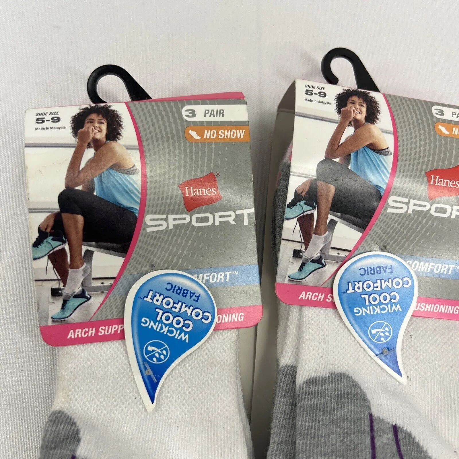(2) Hanes Sport Women Sz5-9 Cool Comfort No Show White Socks Arch Support 3 Pair
