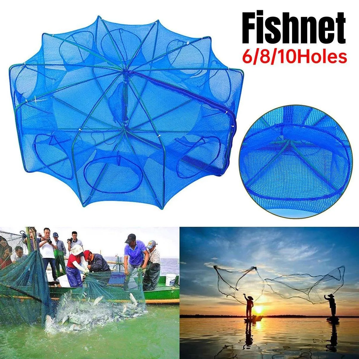 6/8/10 Holes Fishing Net Small Foldable Square Folding Shrimp Eel Lobster Trap
