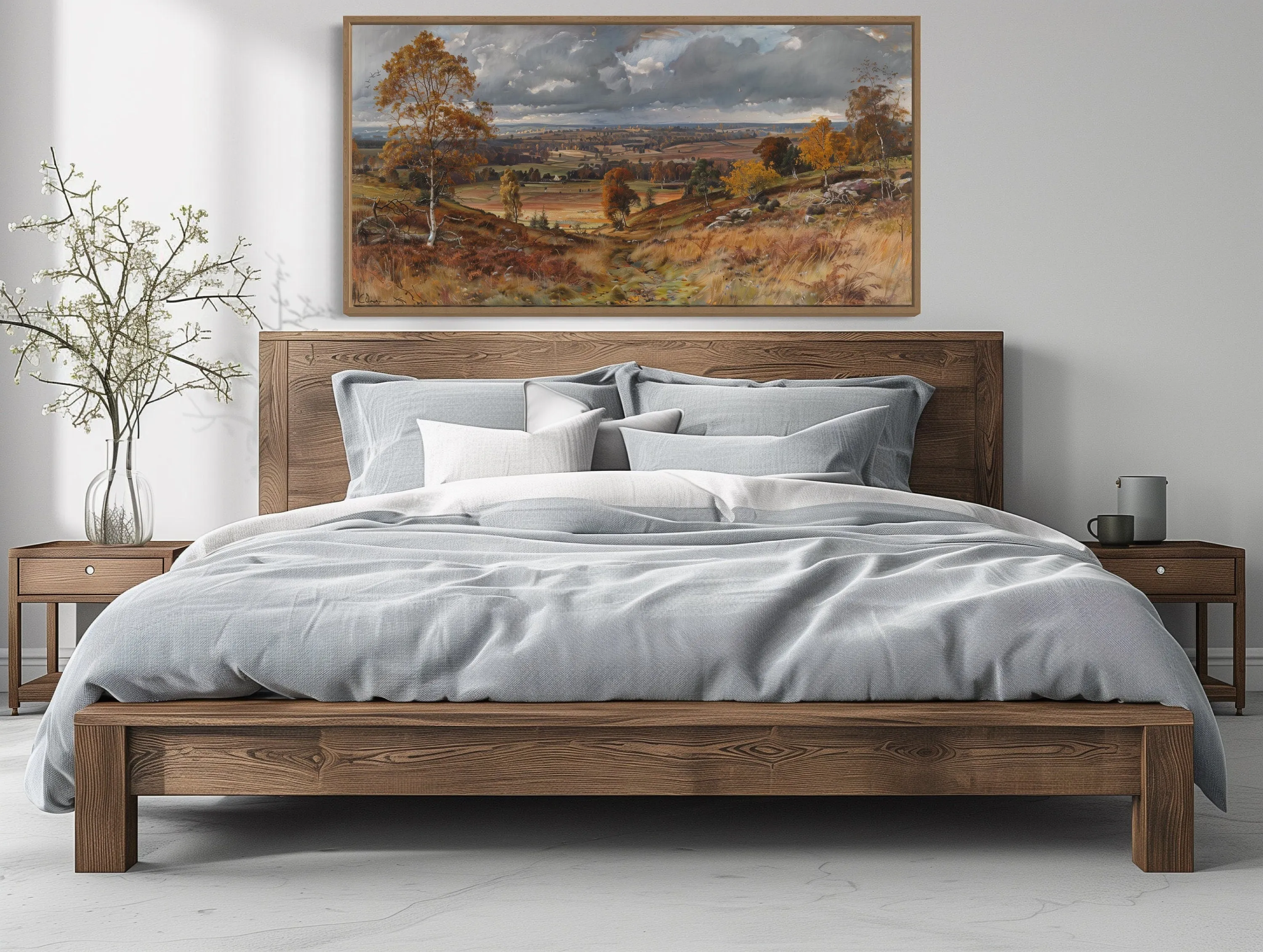 Antique Farm Landscape In Autumn Framed Canvas Wall Art