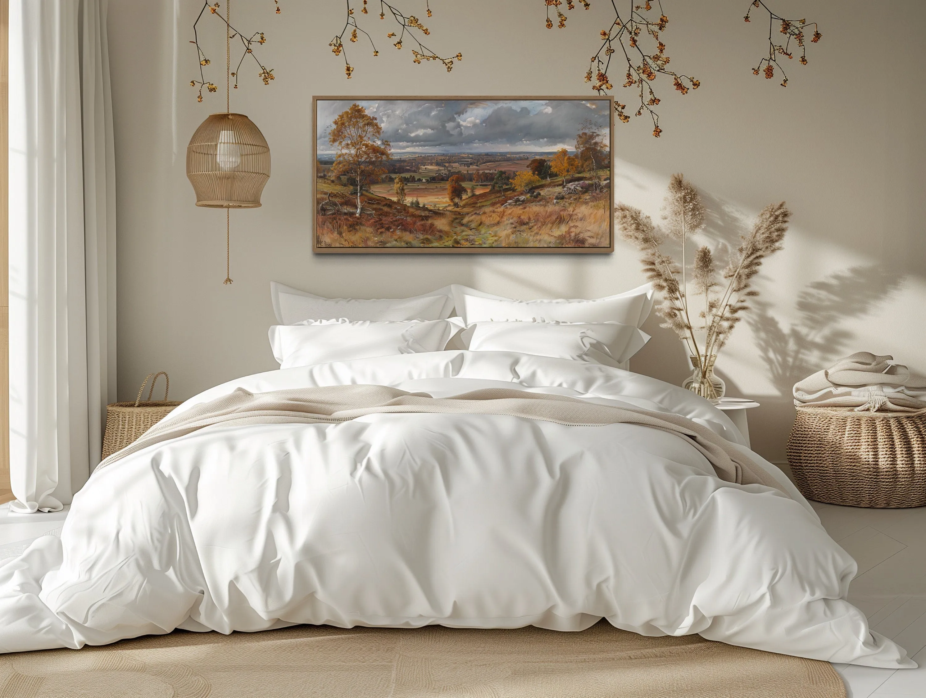 Antique Farm Landscape In Autumn Framed Canvas Wall Art