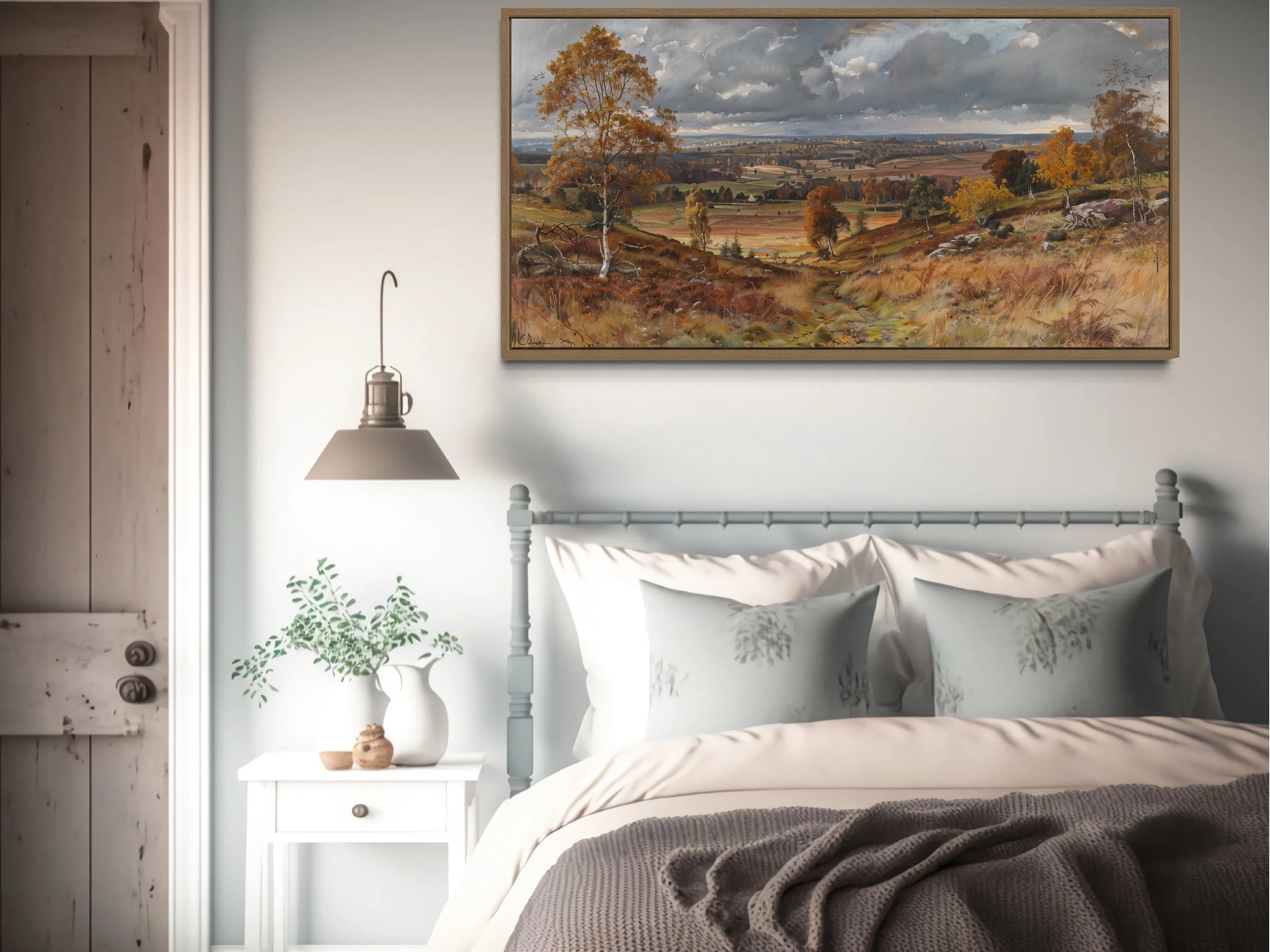 Antique Farm Landscape In Autumn Framed Canvas Wall Art