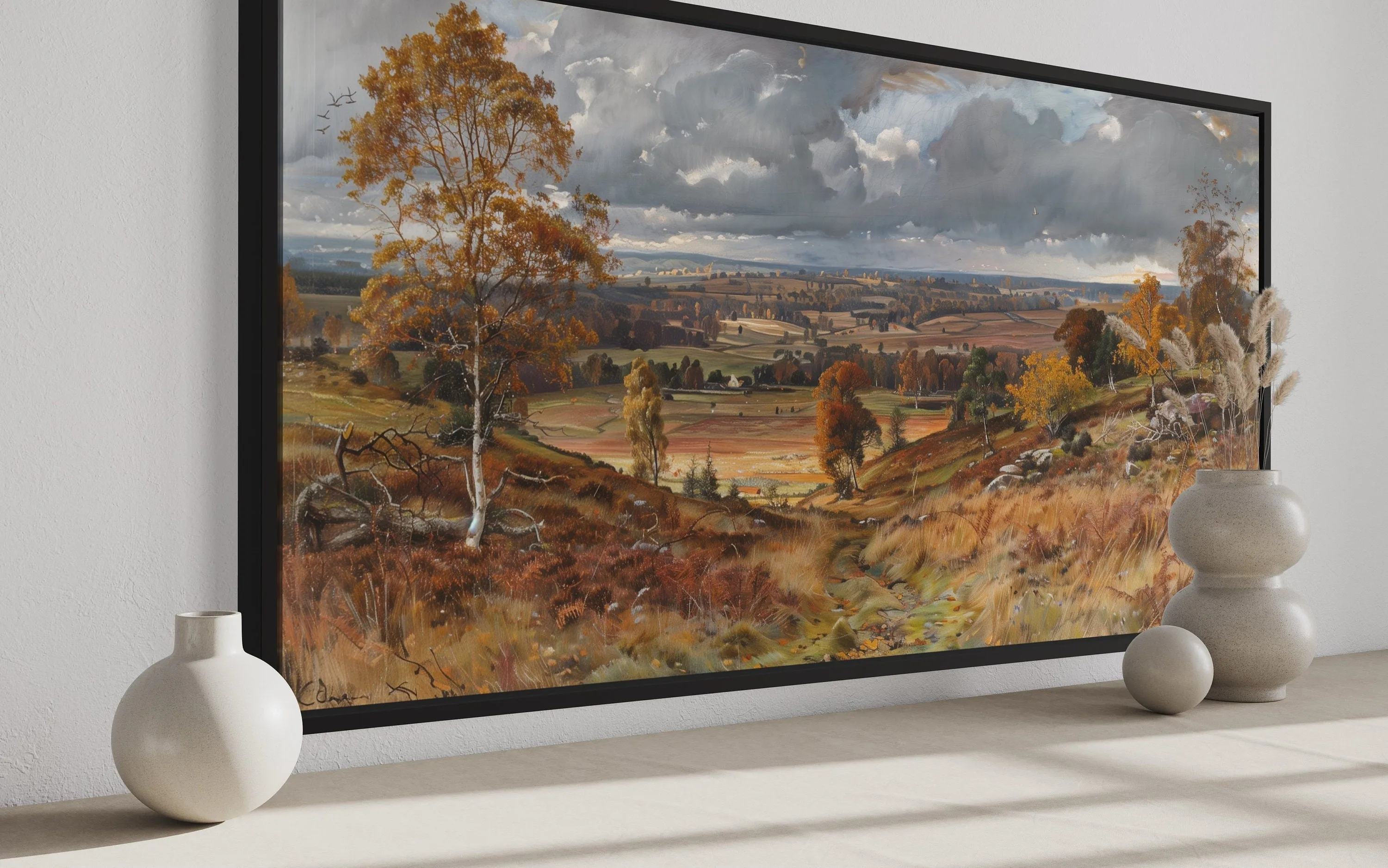 Antique Farm Landscape In Autumn Framed Canvas Wall Art