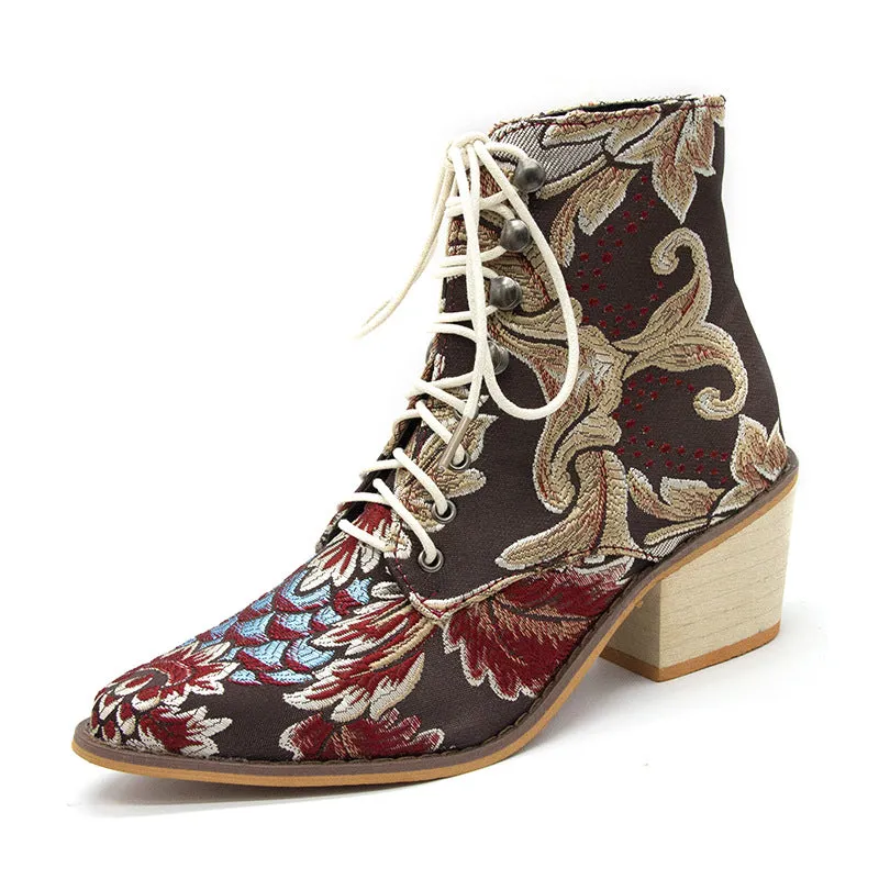 Autumn and Winter Retro Satin Embroidered High-heeled Thick with Pointed Lace Boots Women's Large Size