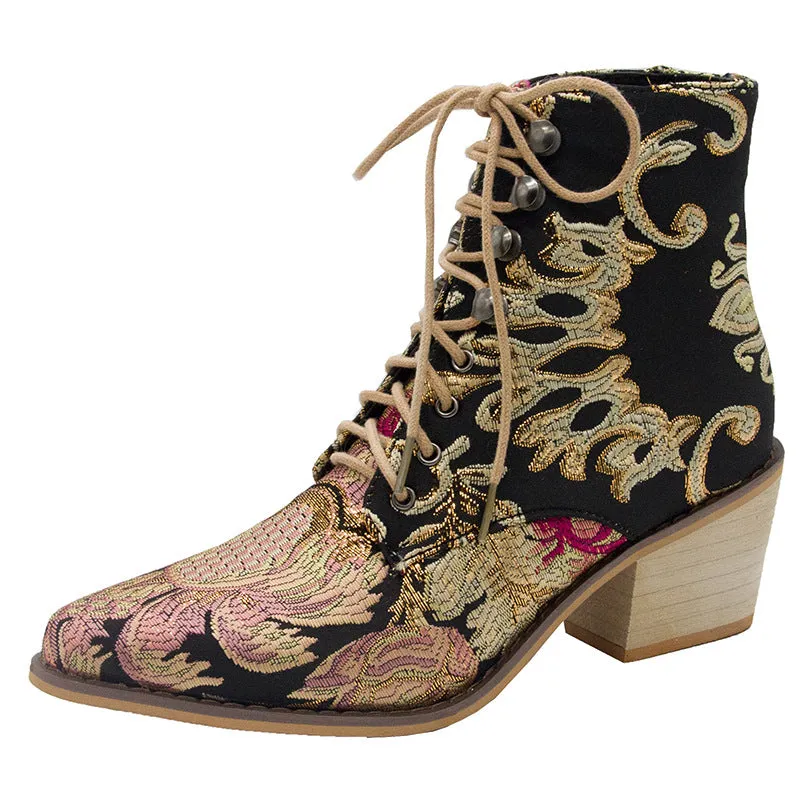 Autumn and Winter Retro Satin Embroidered High-heeled Thick with Pointed Lace Boots Women's Large Size