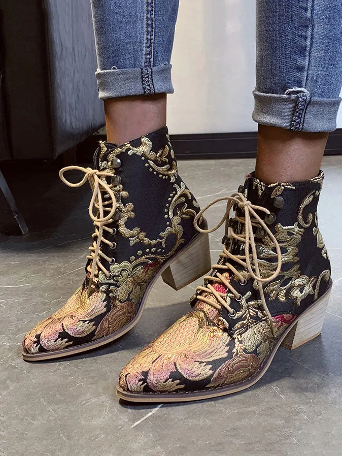 Autumn and Winter Retro Satin Embroidered High-heeled Thick with Pointed Lace Boots Women's Large Size