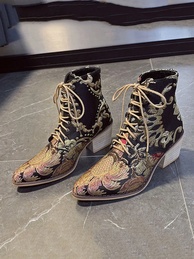 Autumn and Winter Retro Satin Embroidered High-heeled Thick with Pointed Lace Boots Women's Large Size