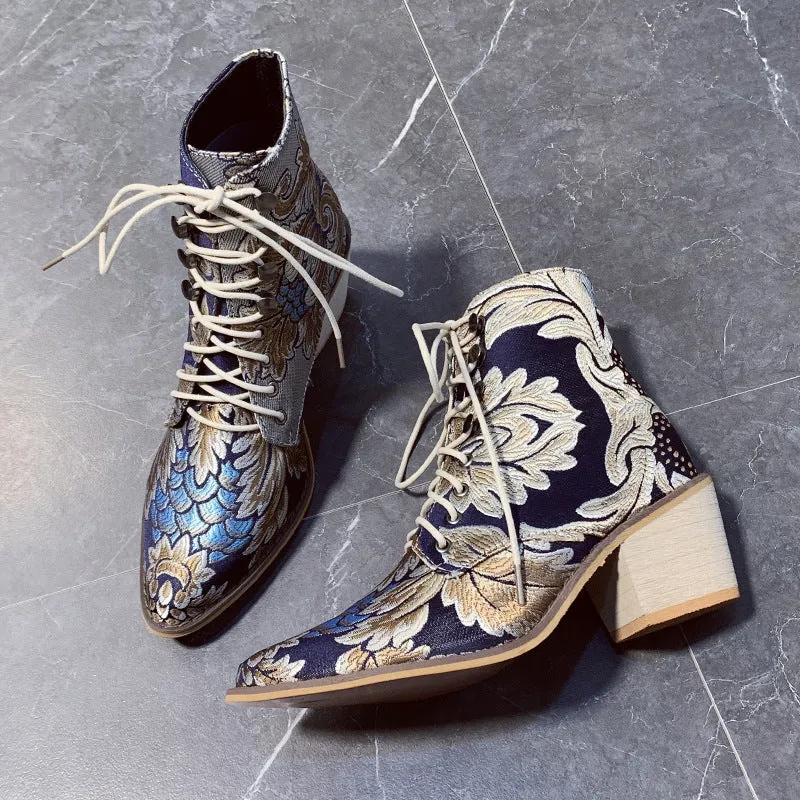 Autumn and Winter Retro Satin Embroidered High-heeled Thick with Pointed Lace Boots Women's Large Size