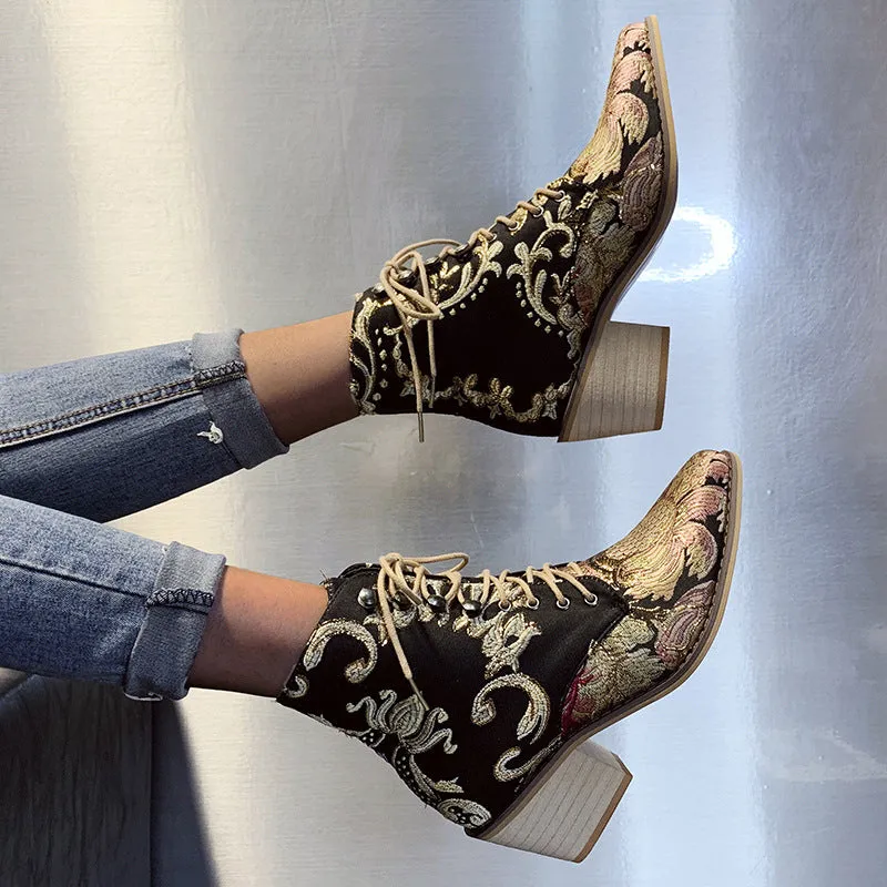 Autumn and Winter Retro Satin Embroidered High-heeled Thick with Pointed Lace Boots Women's Large Size