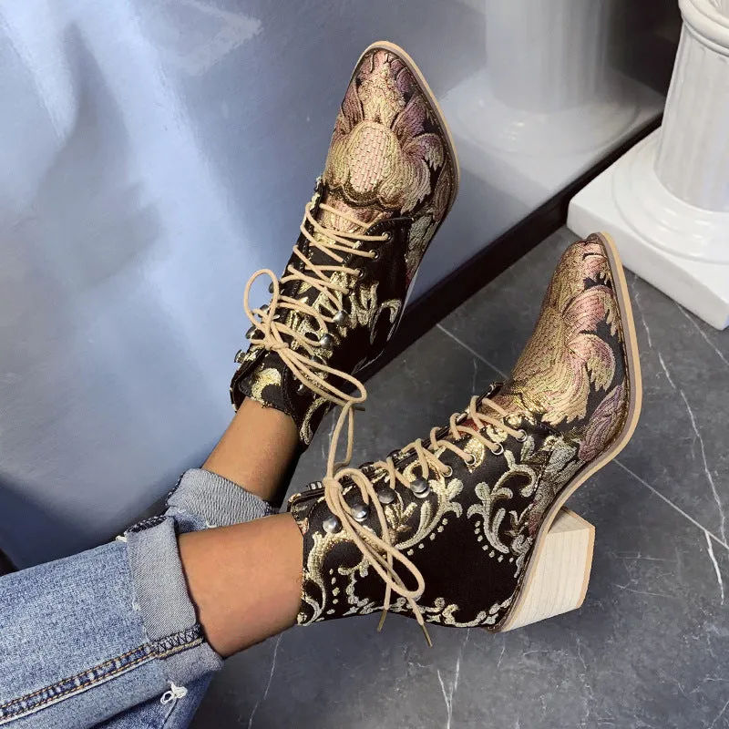 Autumn and Winter Retro Satin Embroidered High-heeled Thick with Pointed Lace Boots Women's Large Size