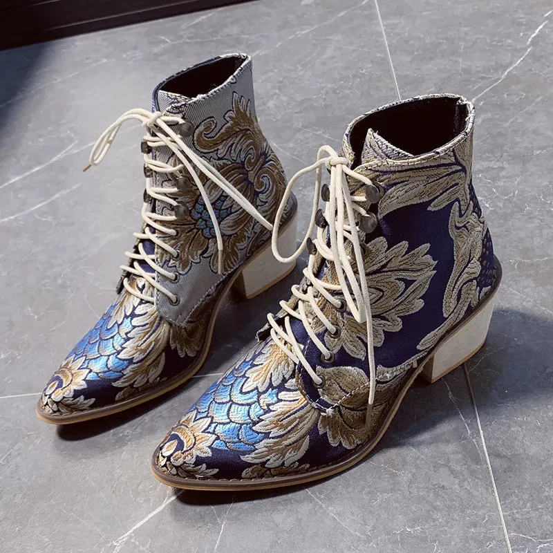 Autumn and Winter Retro Satin Embroidered High-heeled Thick with Pointed Lace Boots Women's Large Size