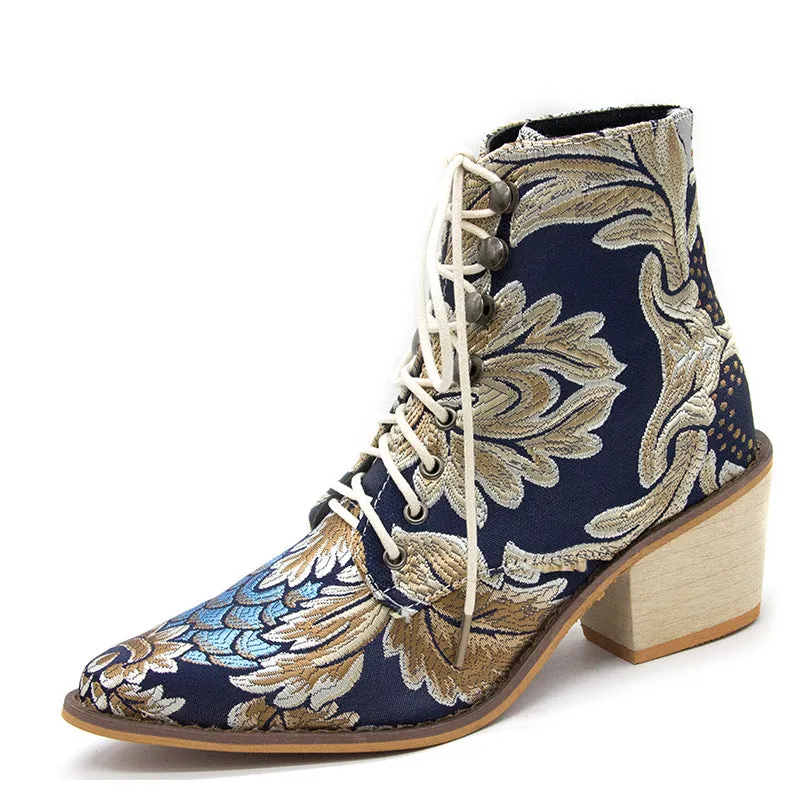 Autumn and Winter Retro Satin Embroidered High-heeled Thick with Pointed Lace Boots Women's Large Size