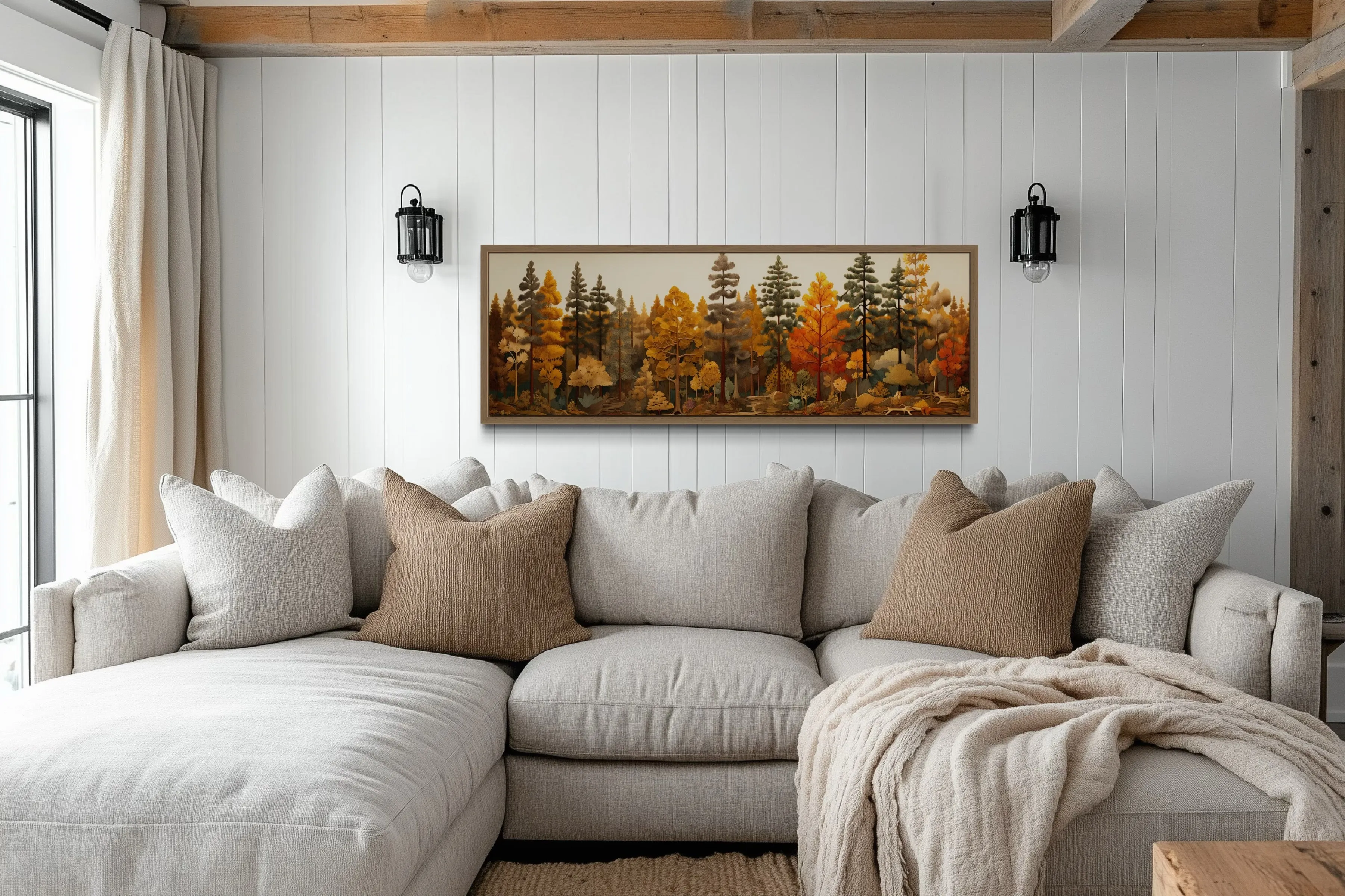 Autumn Forest Painting On Wood Long Horizontal Wall Art