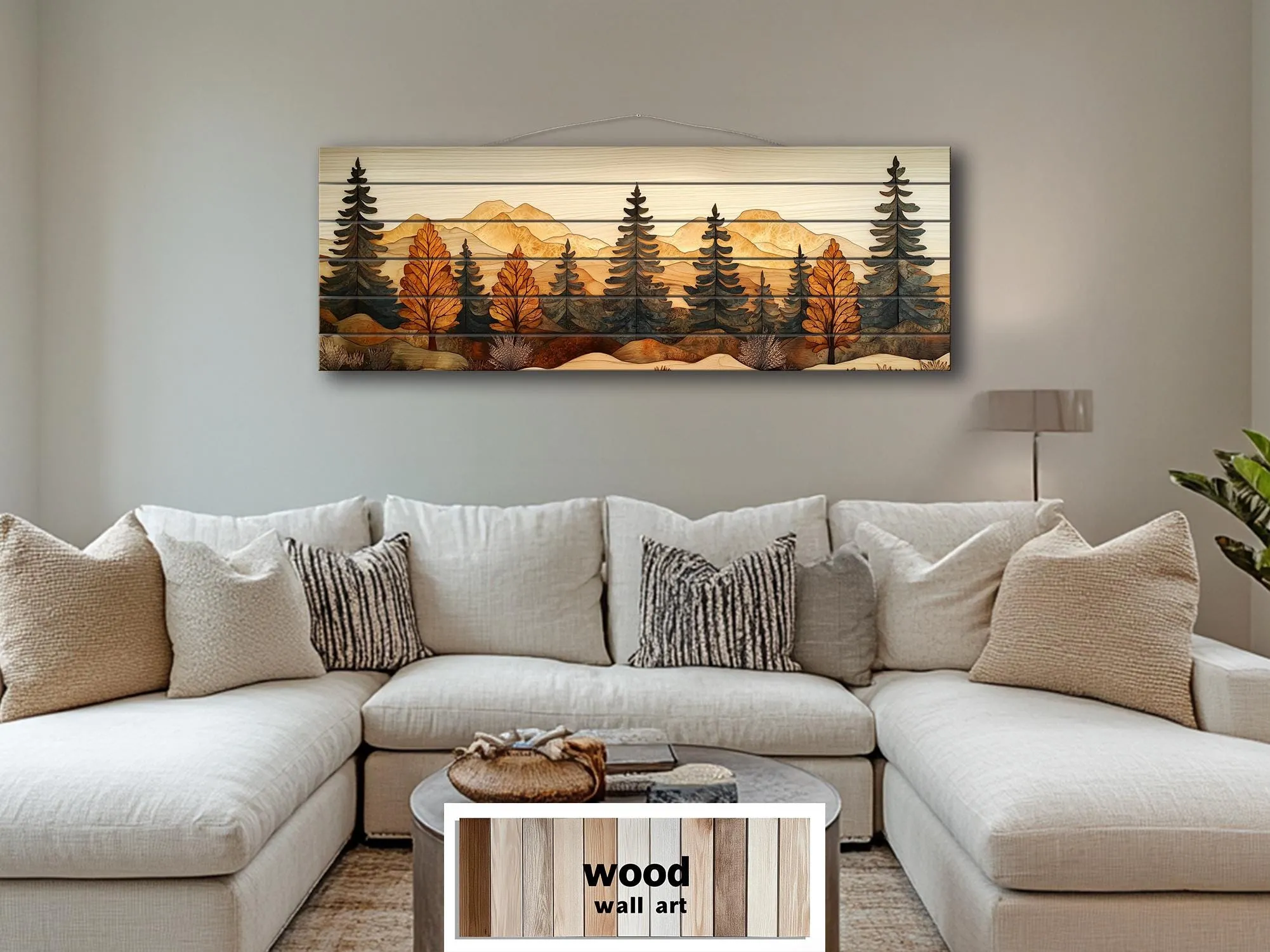 Autumn Forest Real Wood Wall Art Long Horizontal Rustic Lodge Sign