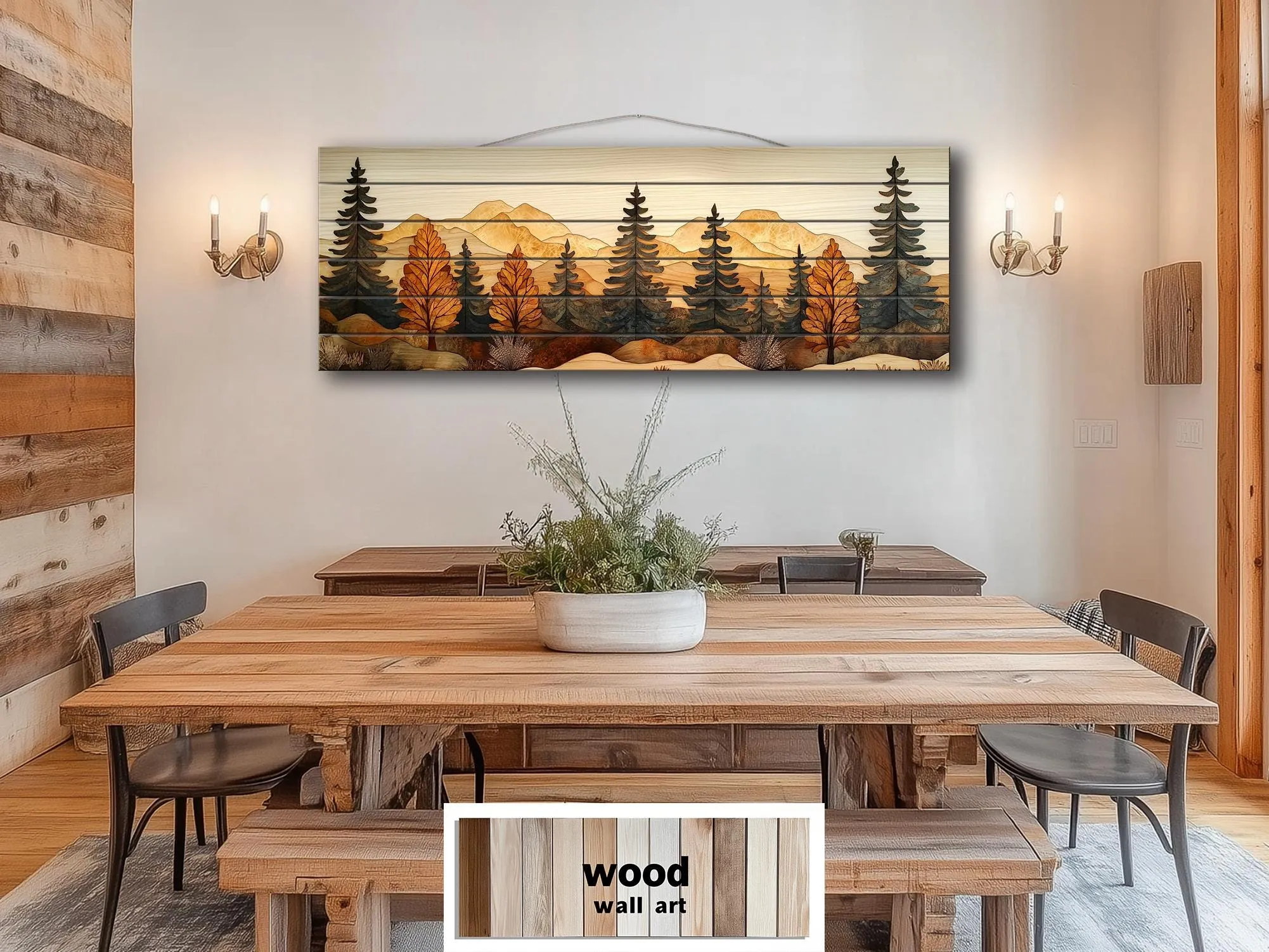 Autumn Forest Real Wood Wall Art Long Horizontal Rustic Lodge Sign