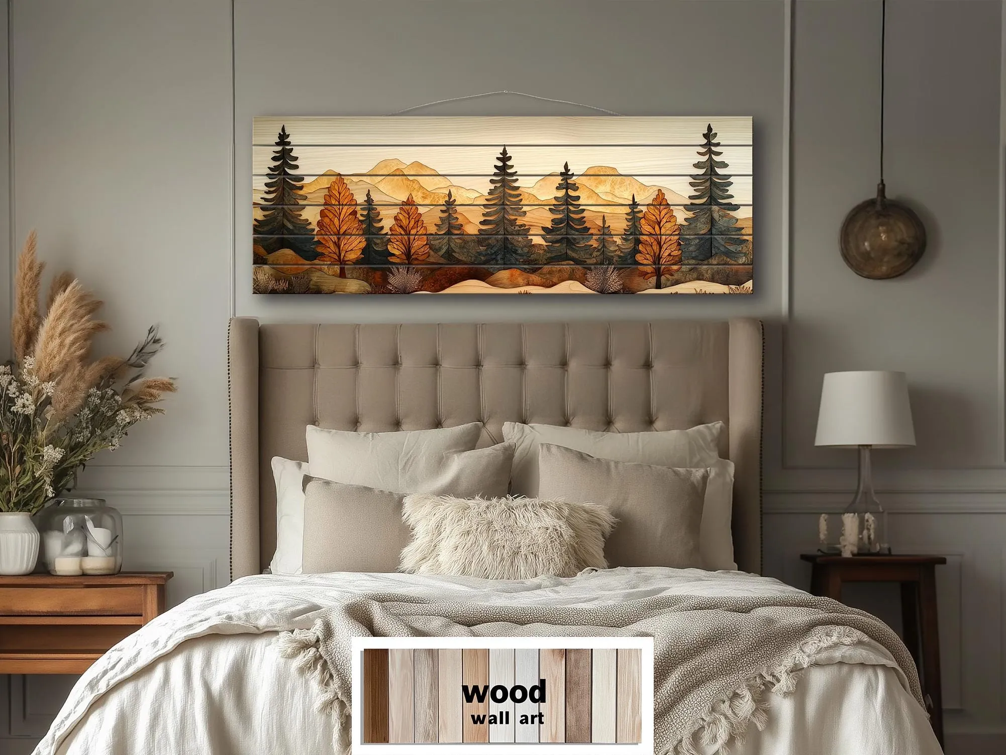 Autumn Forest Real Wood Wall Art Long Horizontal Rustic Lodge Sign