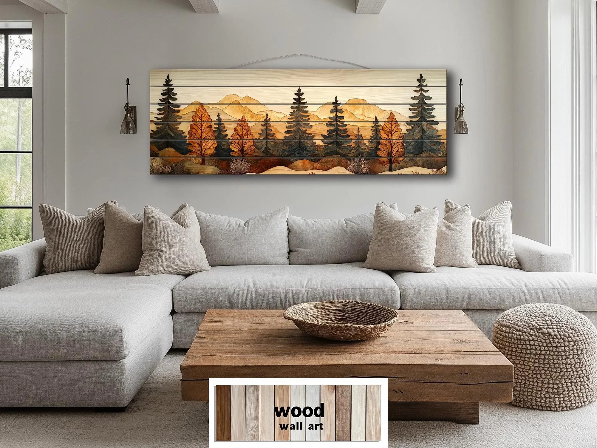 Autumn Forest Real Wood Wall Art Long Horizontal Rustic Lodge Sign
