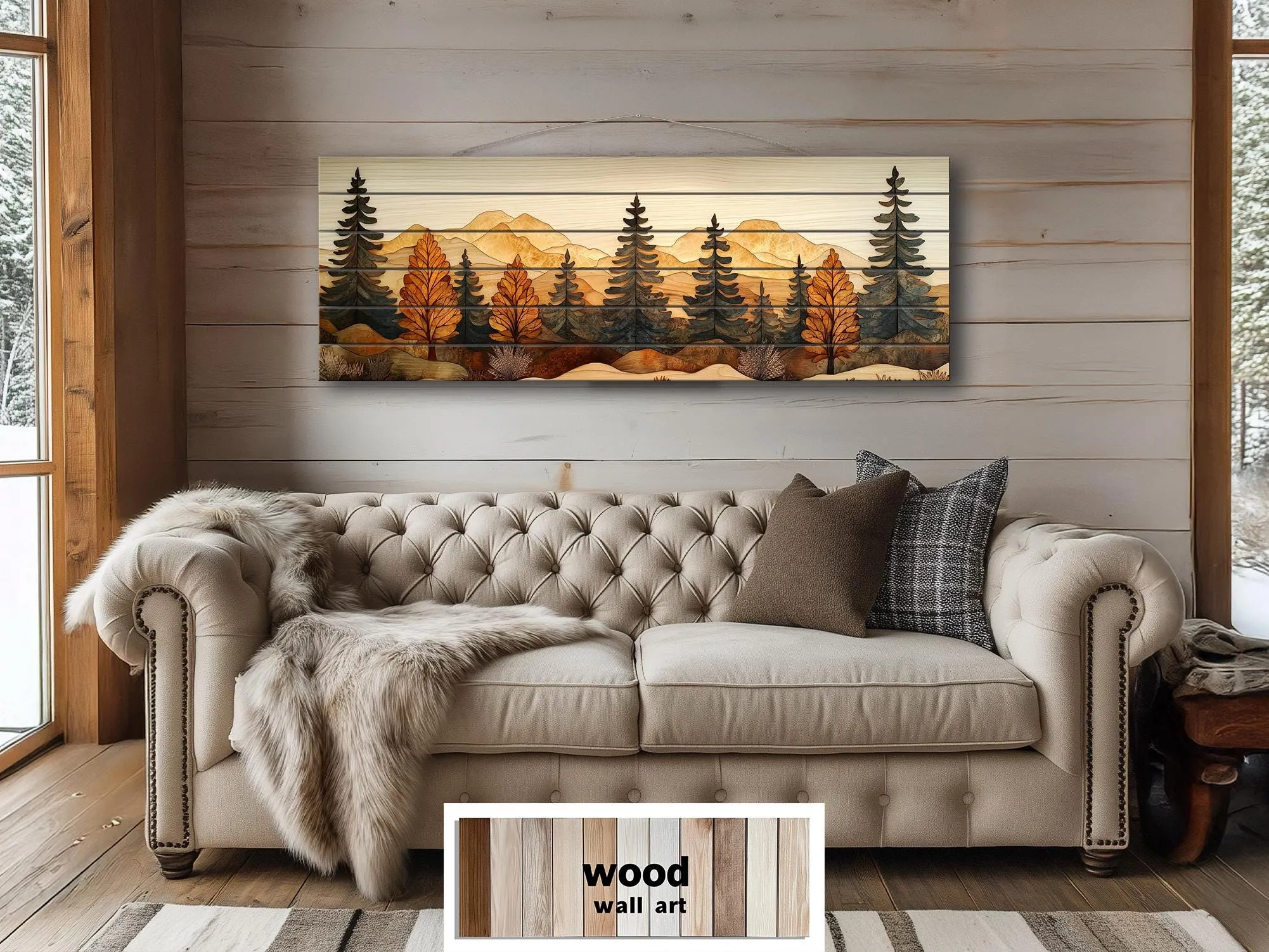 Autumn Forest Real Wood Wall Art Long Horizontal Rustic Lodge Sign