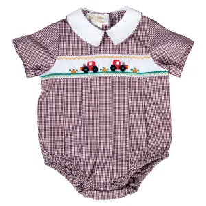 Autumn Tractor Brown Gingham Smocked Boy Bubble