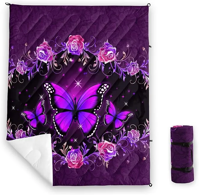 Axolotl Purple Butterfly Camping Blanket,Roses Floral Lightweight Puffy Camping Blanket,Glitter Starry Portable Outdoor Blanket,Magical Waterproof Blanket for Cold Days Plane Picnic Beach Backpacking
