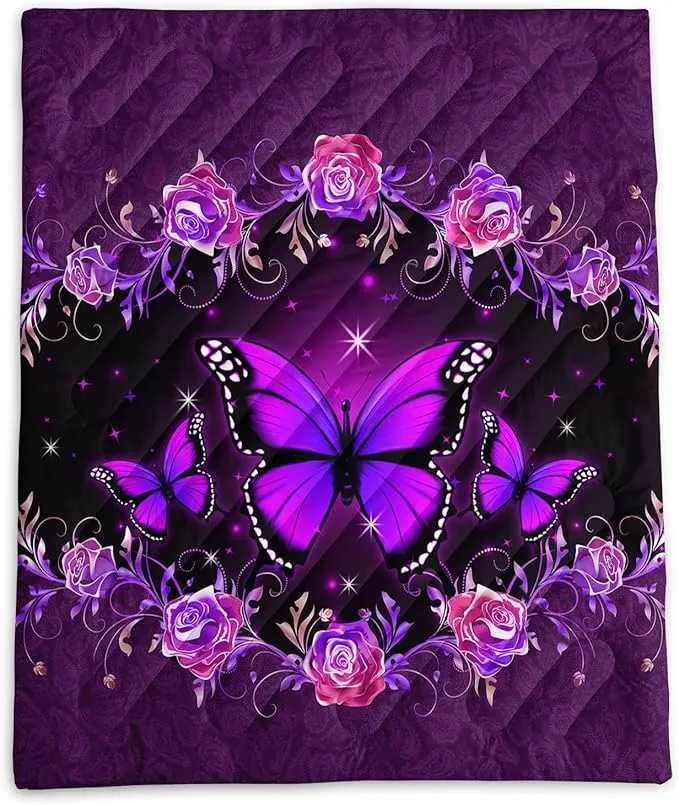Axolotl Purple Butterfly Camping Blanket,Roses Floral Lightweight Puffy Camping Blanket,Glitter Starry Portable Outdoor Blanket,Magical Waterproof Blanket for Cold Days Plane Picnic Beach Backpacking