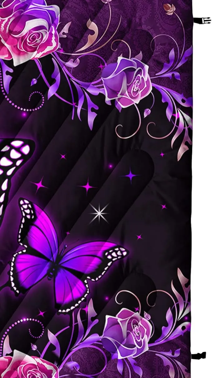 Axolotl Purple Butterfly Camping Blanket,Roses Floral Lightweight Puffy Camping Blanket,Glitter Starry Portable Outdoor Blanket,Magical Waterproof Blanket for Cold Days Plane Picnic Beach Backpacking