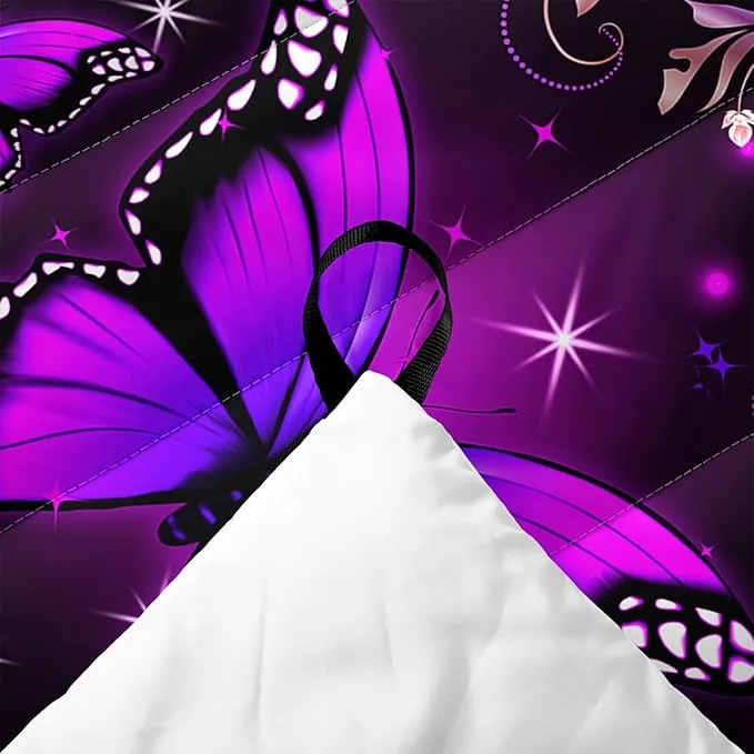 Axolotl Purple Butterfly Camping Blanket,Roses Floral Lightweight Puffy Camping Blanket,Glitter Starry Portable Outdoor Blanket,Magical Waterproof Blanket for Cold Days Plane Picnic Beach Backpacking