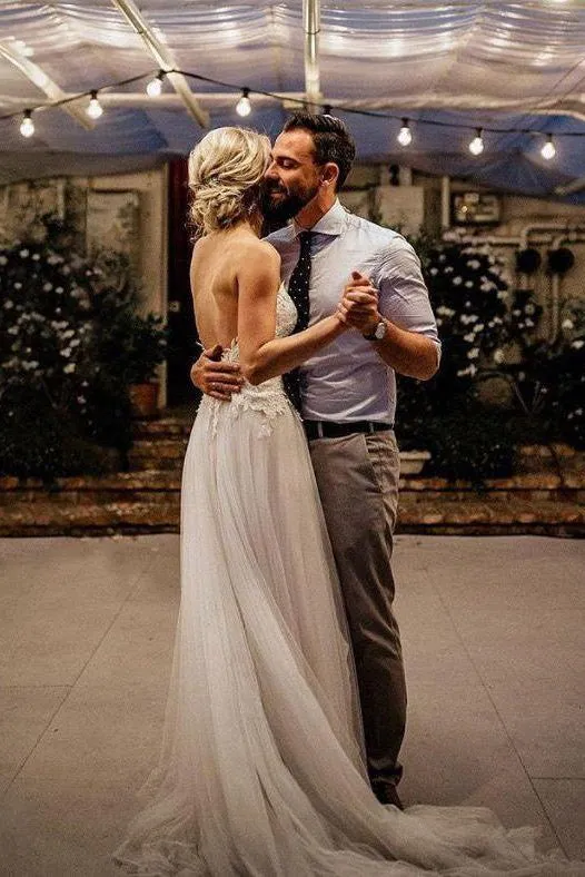 Backless Wedding Dresses Aline Deep V Spaghetti Straps Simple Open Back Bridal Gown OHD218