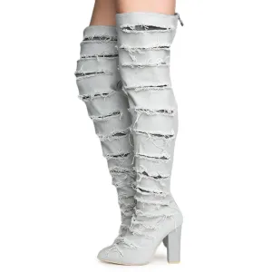 Beautiful-8 Ripped Heeled Thigh High Boots