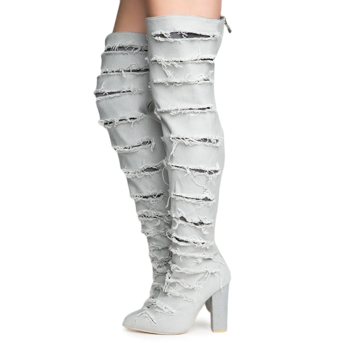 Beautiful-8 Ripped Heeled Thigh High Boots