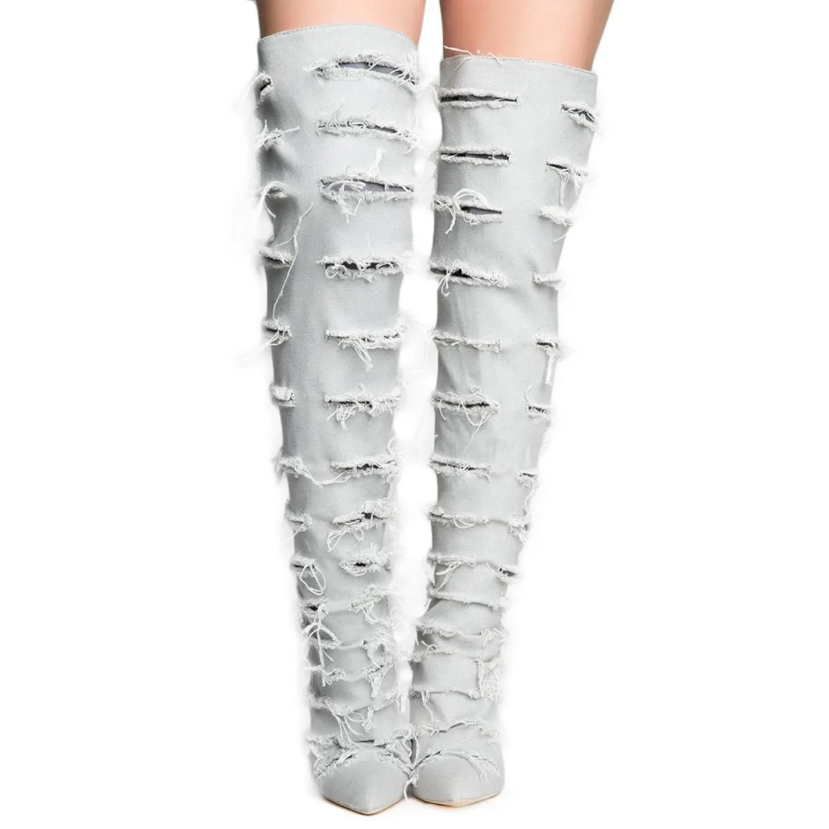 Beautiful-8 Ripped Heeled Thigh High Boots