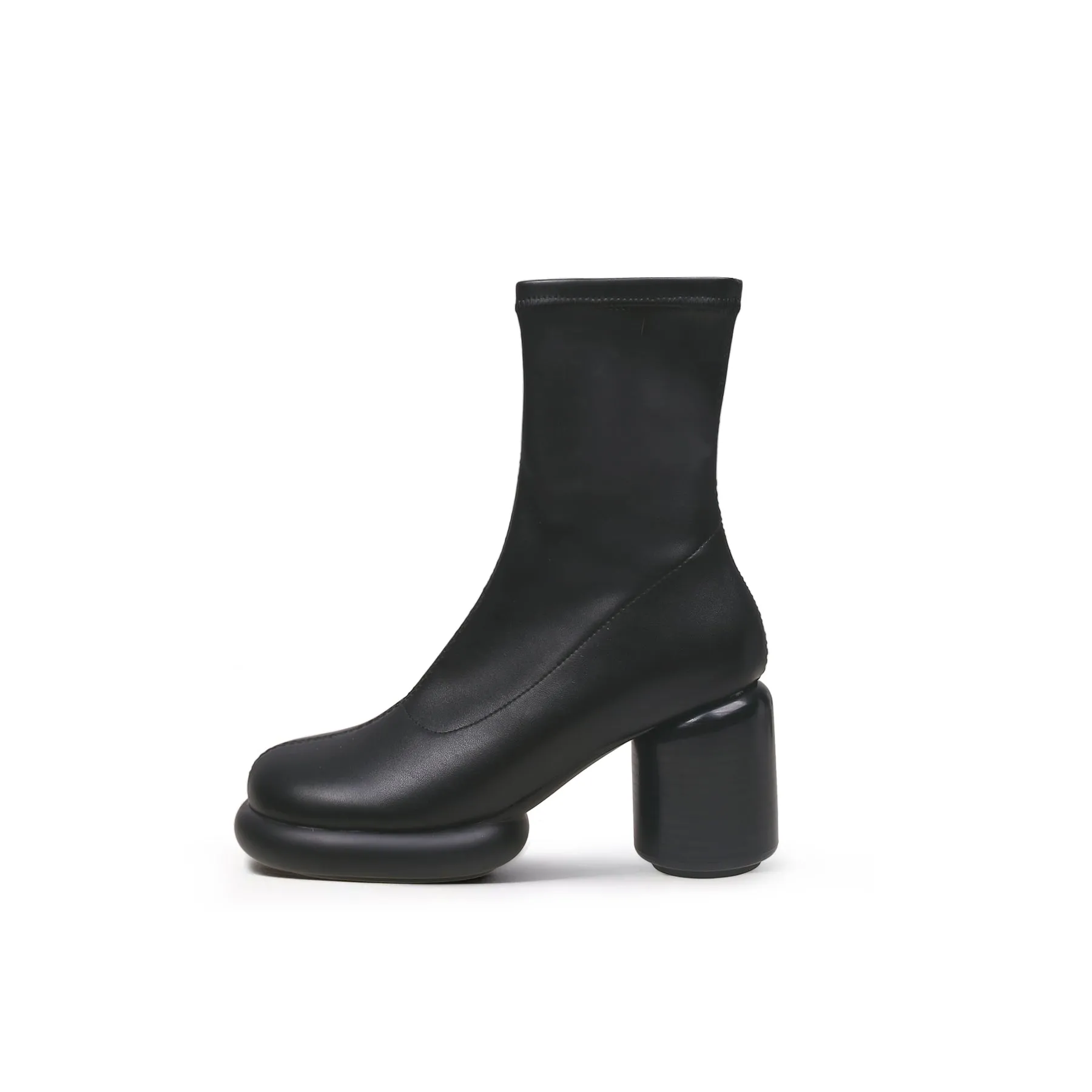 Black Leather Block Heel Sock Boot