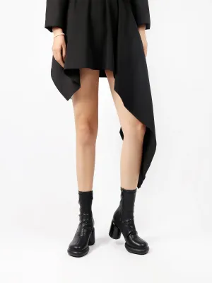 Black Leather Block Heel Sock Boot
