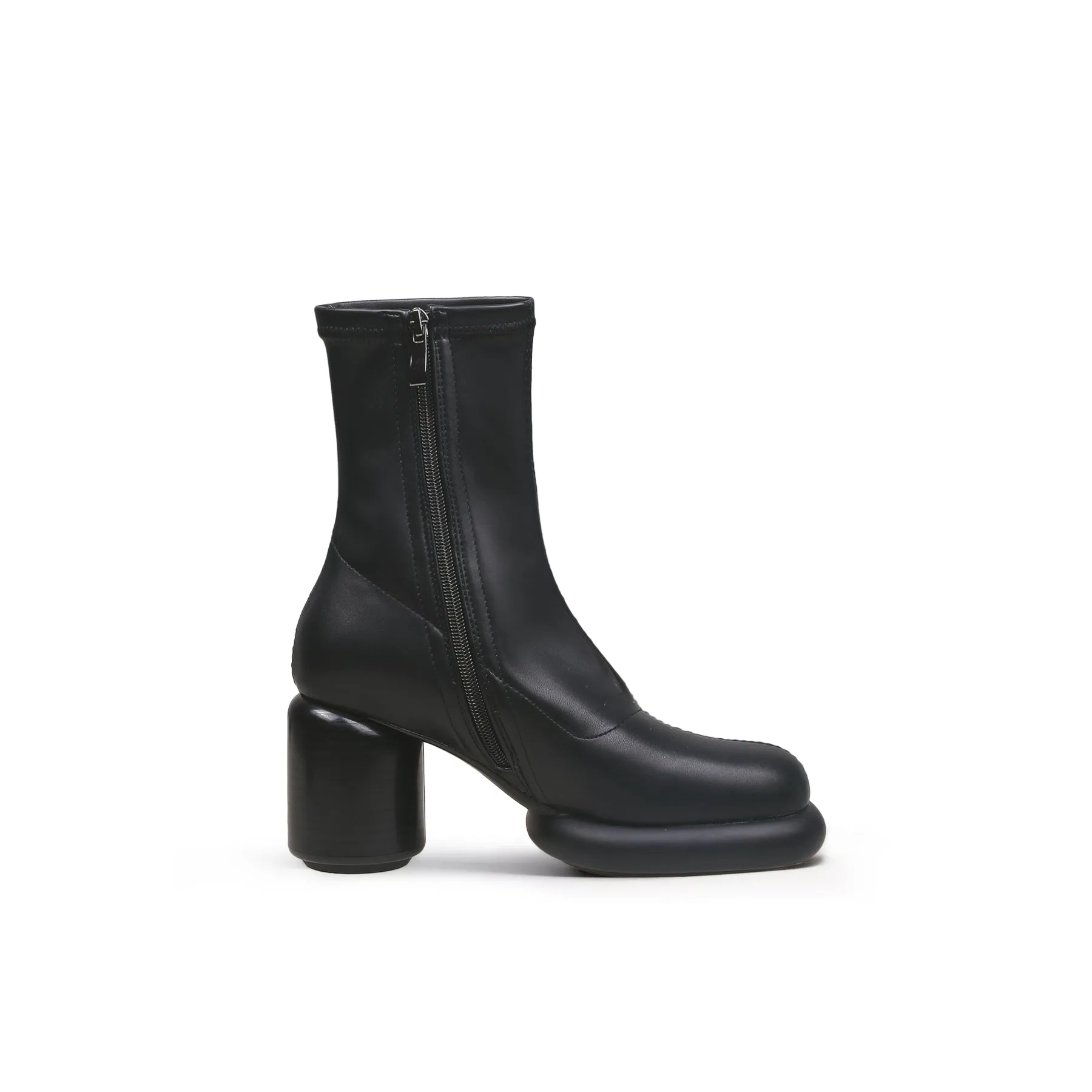 Black Leather Block Heel Sock Boot