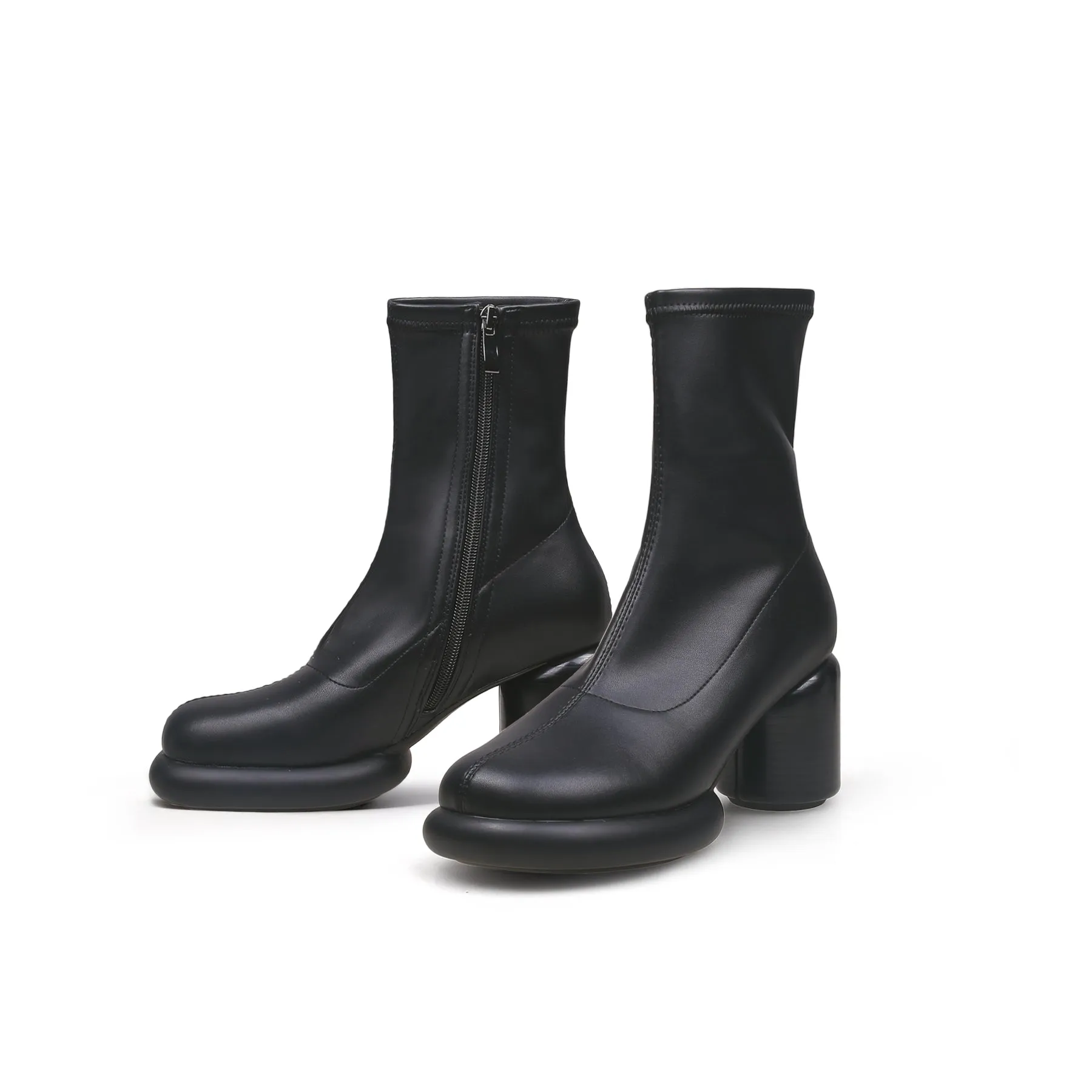 Black Leather Block Heel Sock Boot