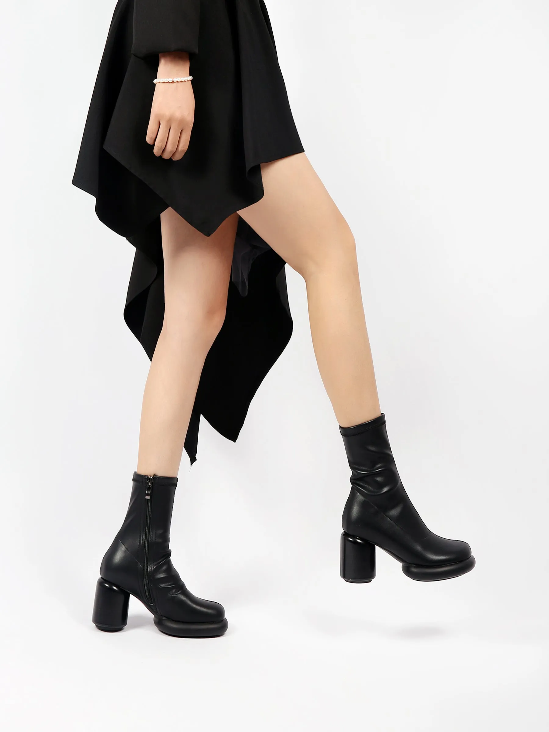 Black Leather Block Heel Sock Boot