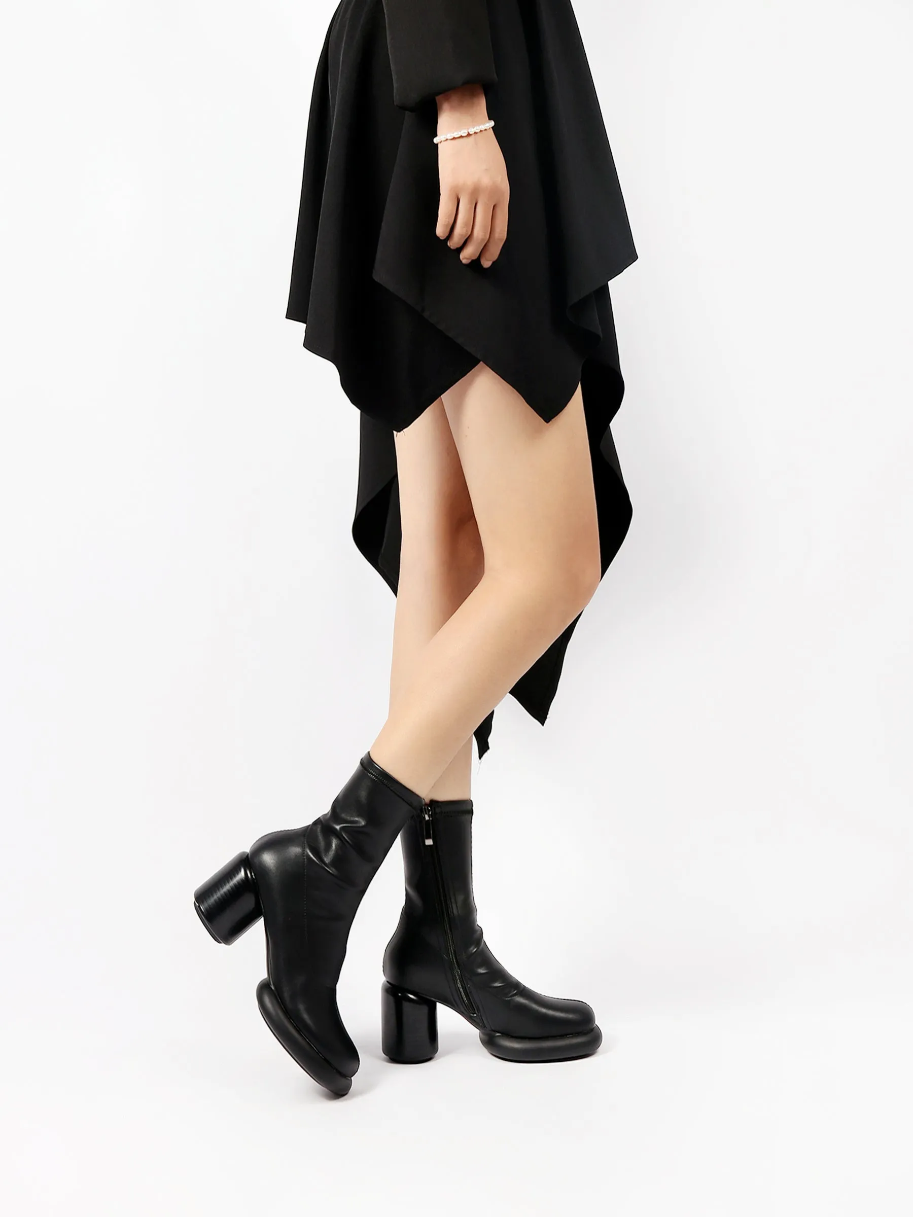 Black Leather Block Heel Sock Boot