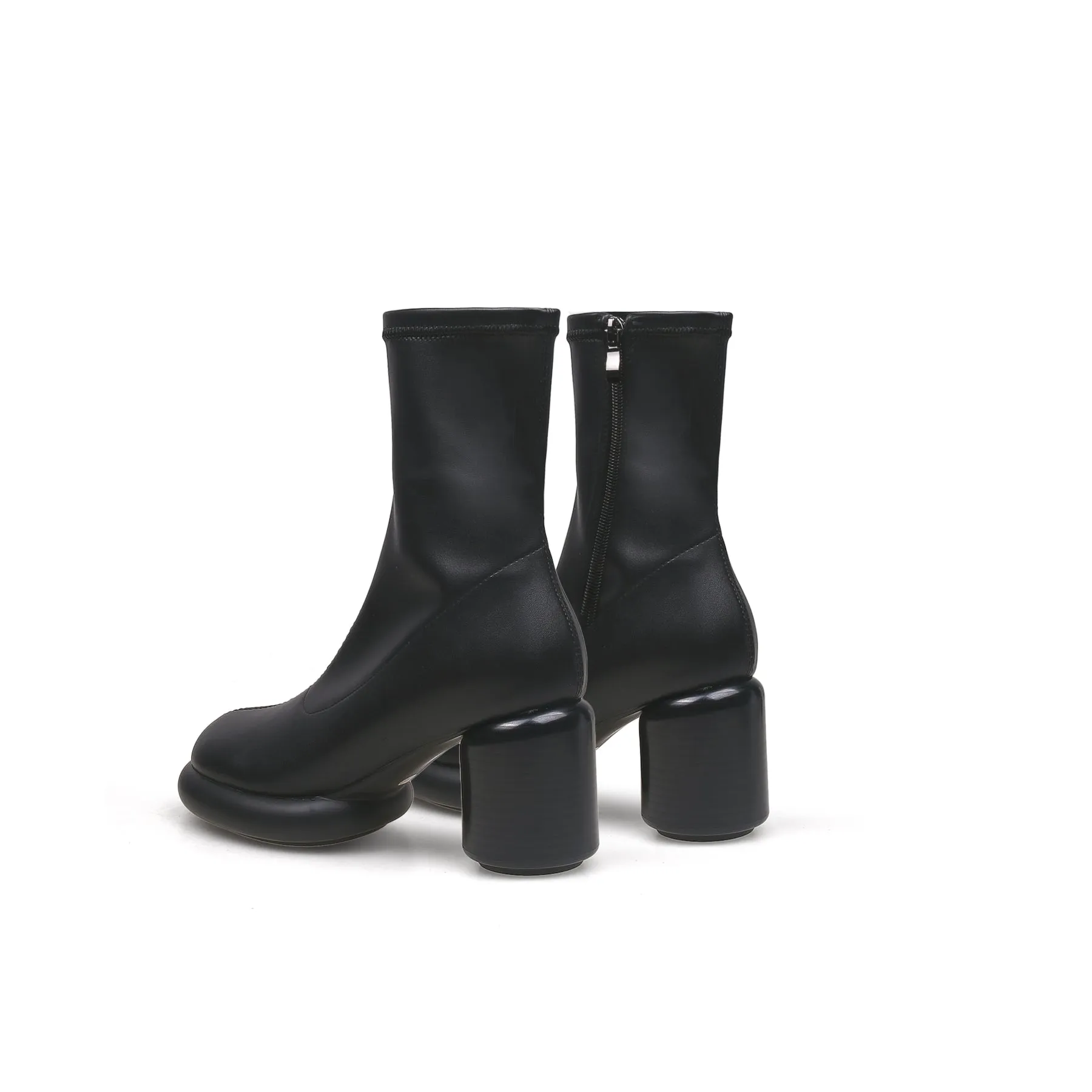 Black Leather Block Heel Sock Boot