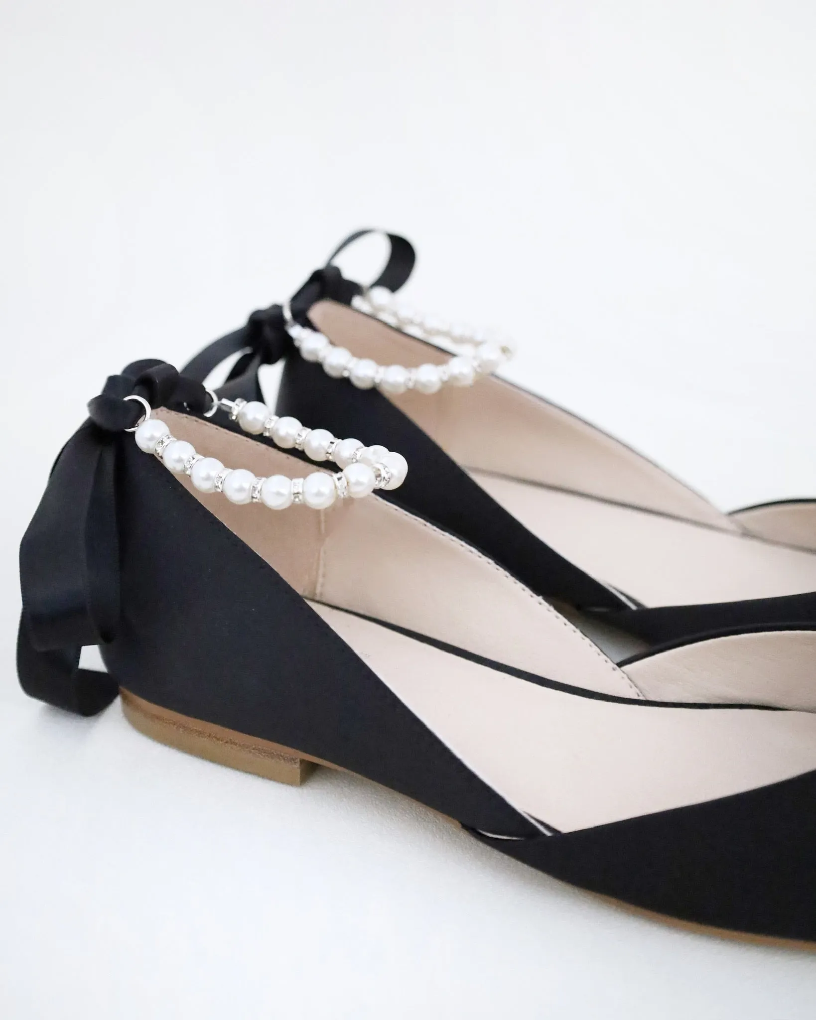 Black Satin Round Toe Evening Flat with Pearl Strap