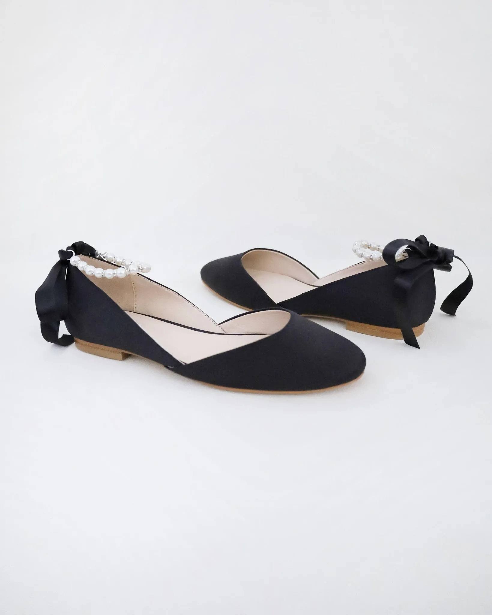 Black Satin Round Toe Evening Flat with Pearl Strap